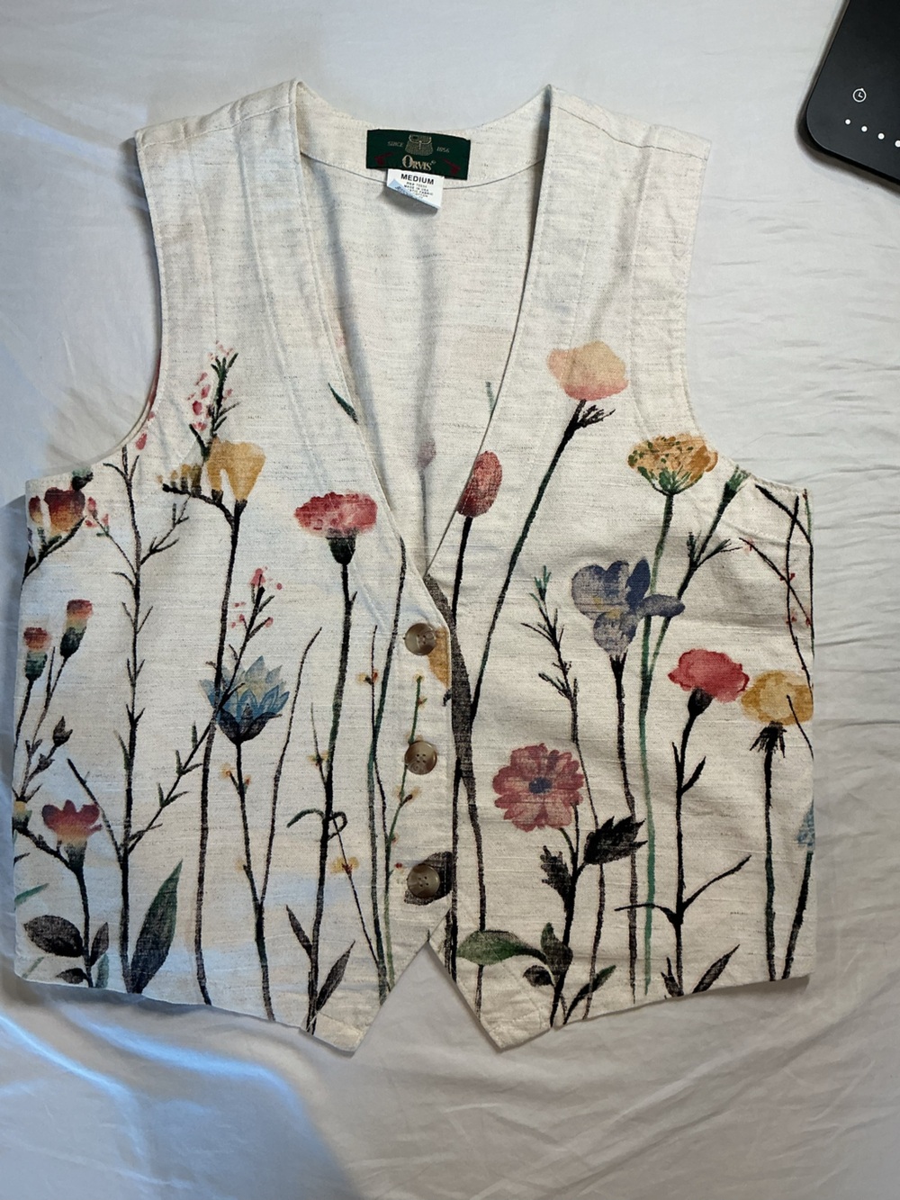 Orvis Cream Floral Linen-Blend Vest with Multicolor Blooms